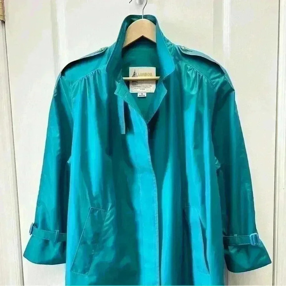 Vintage London Fog Trench Coat Iridescent Teal Green Size 10 Petite - Picture 7 of 16